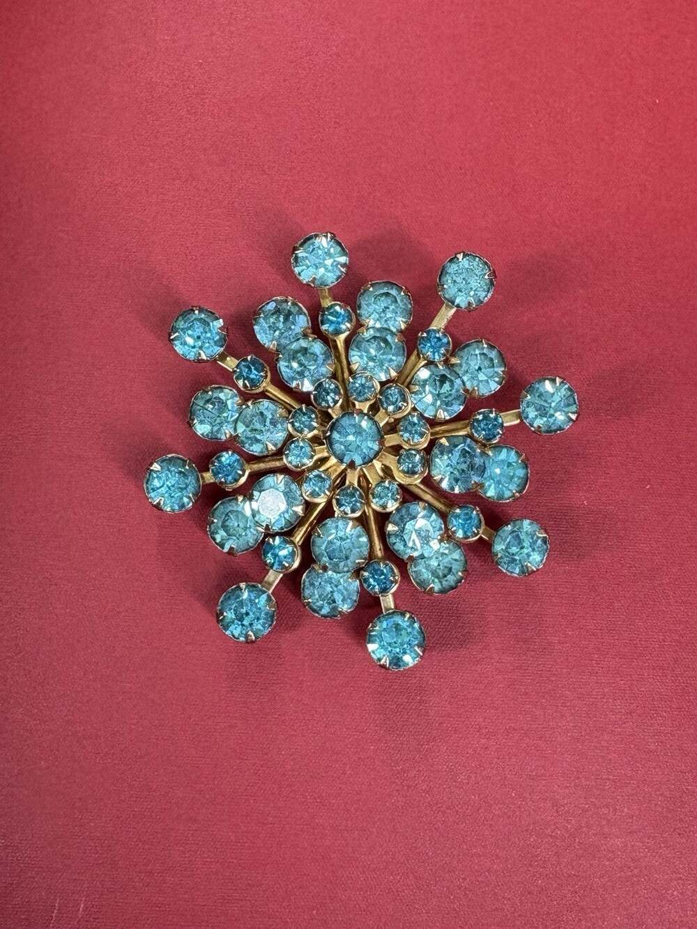 Vintage Blue Atomic Snowflake Brooch Mcm Gold Tone Rhinestone Pin Ice